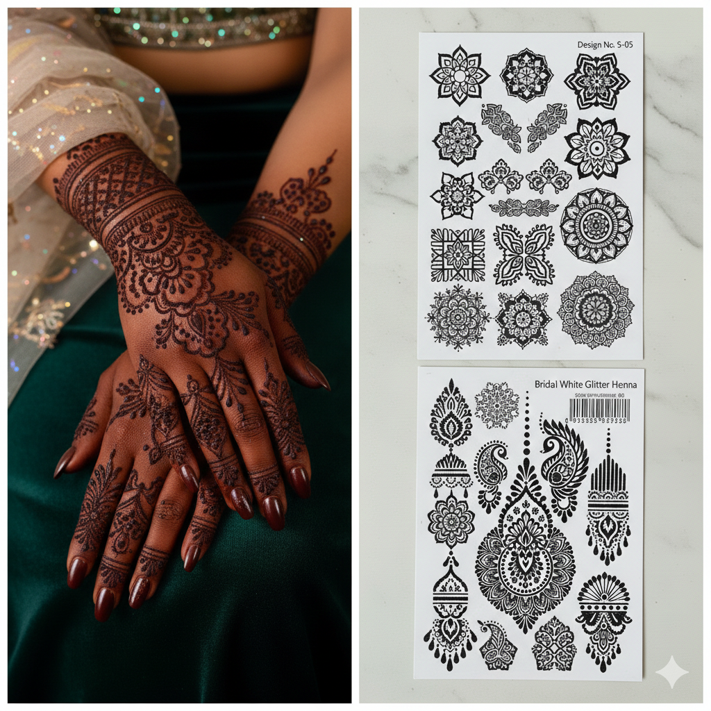 Henna designs on hands next to a sheet of temporary tattoos with similar patterns.