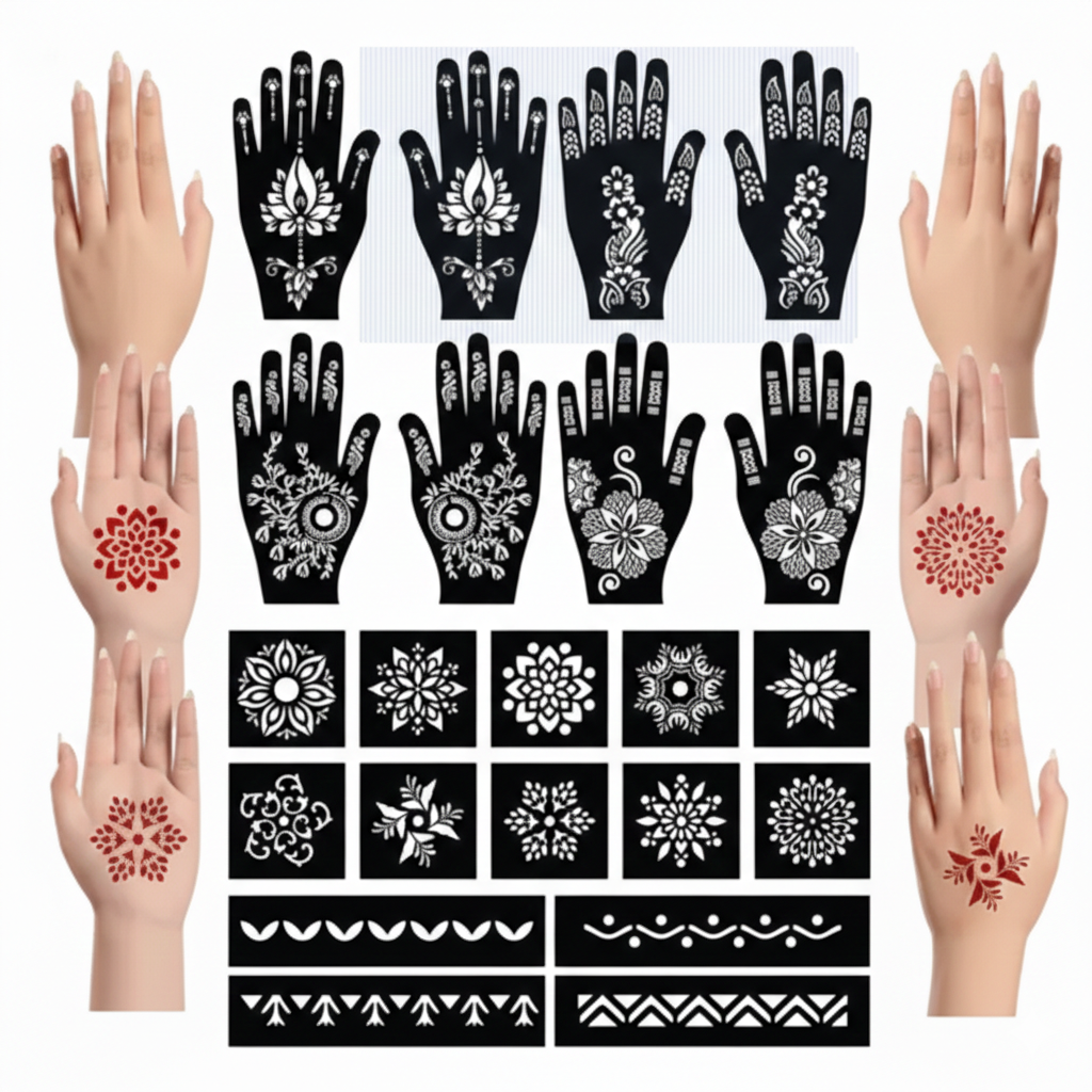 Set of temporary tattoo stencils on a white background with hands showing tattoo designs.

Details